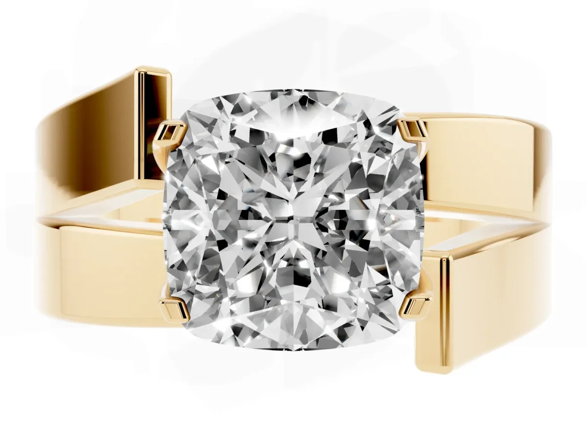 Modern Tension Set Cushion Cut Diamond Solitaire Wide Band Ring Yellow gold