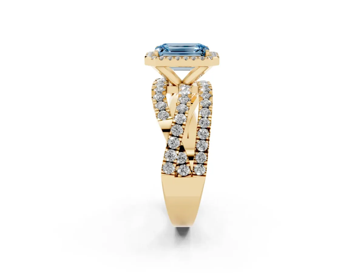 Fancy Blue Emerald Cut Diamond Halo Ring with Round Split Shank and Prong Setting Yellow gold