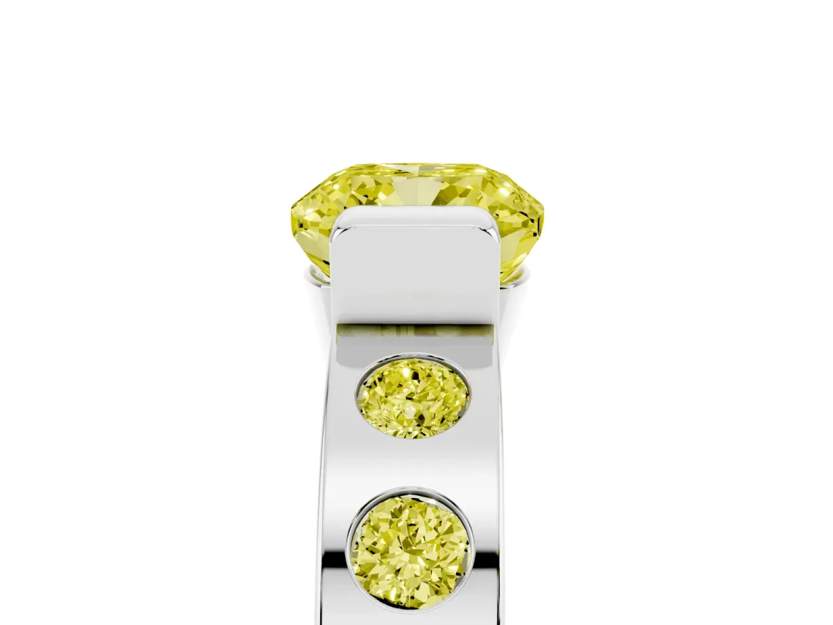 Fancy Yellow Cushion Cut Brilliant Channel-Set Diamond Ring with Bezel Prong Setting Silver