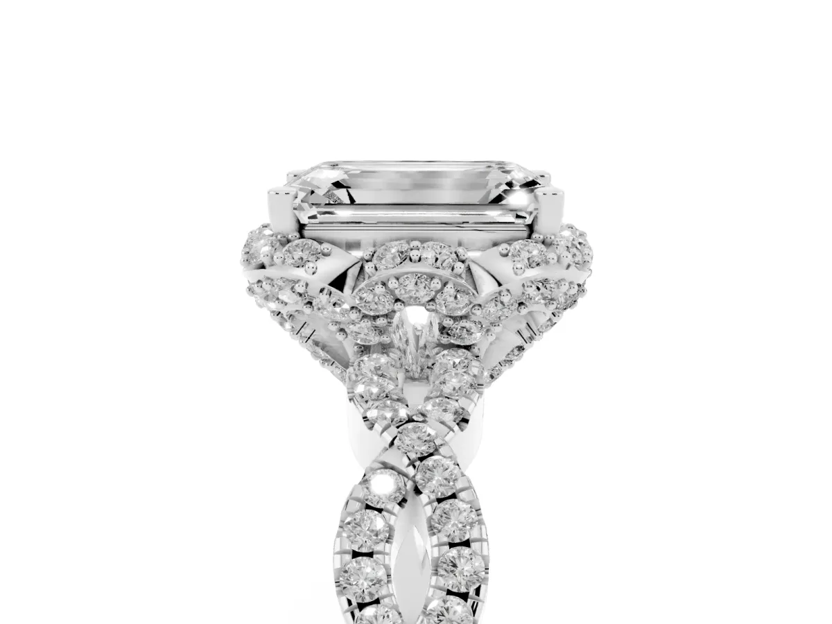 Emerald Cut Halo Twist Band Solitaire Ring with Six-Prong Setting Silver