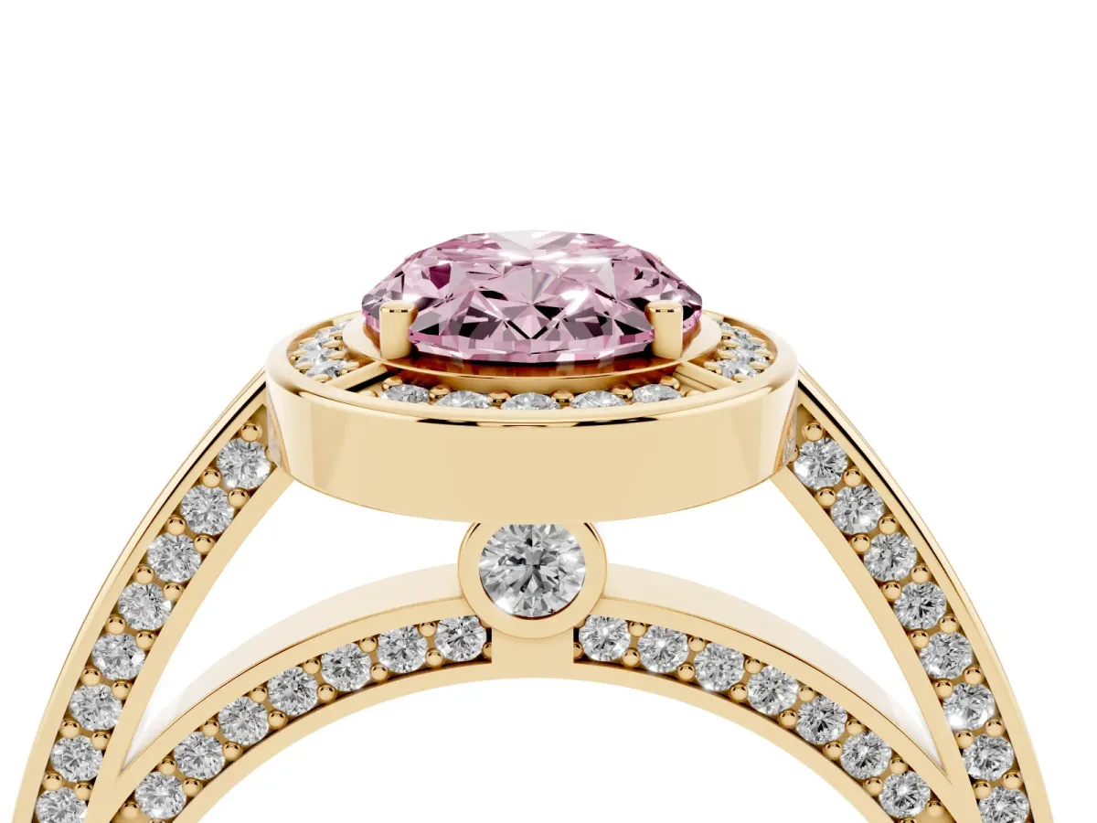 Fancy Pink Oval Cut Cut Halo Pave Split Shank Prong Setting Ring Yellow gold