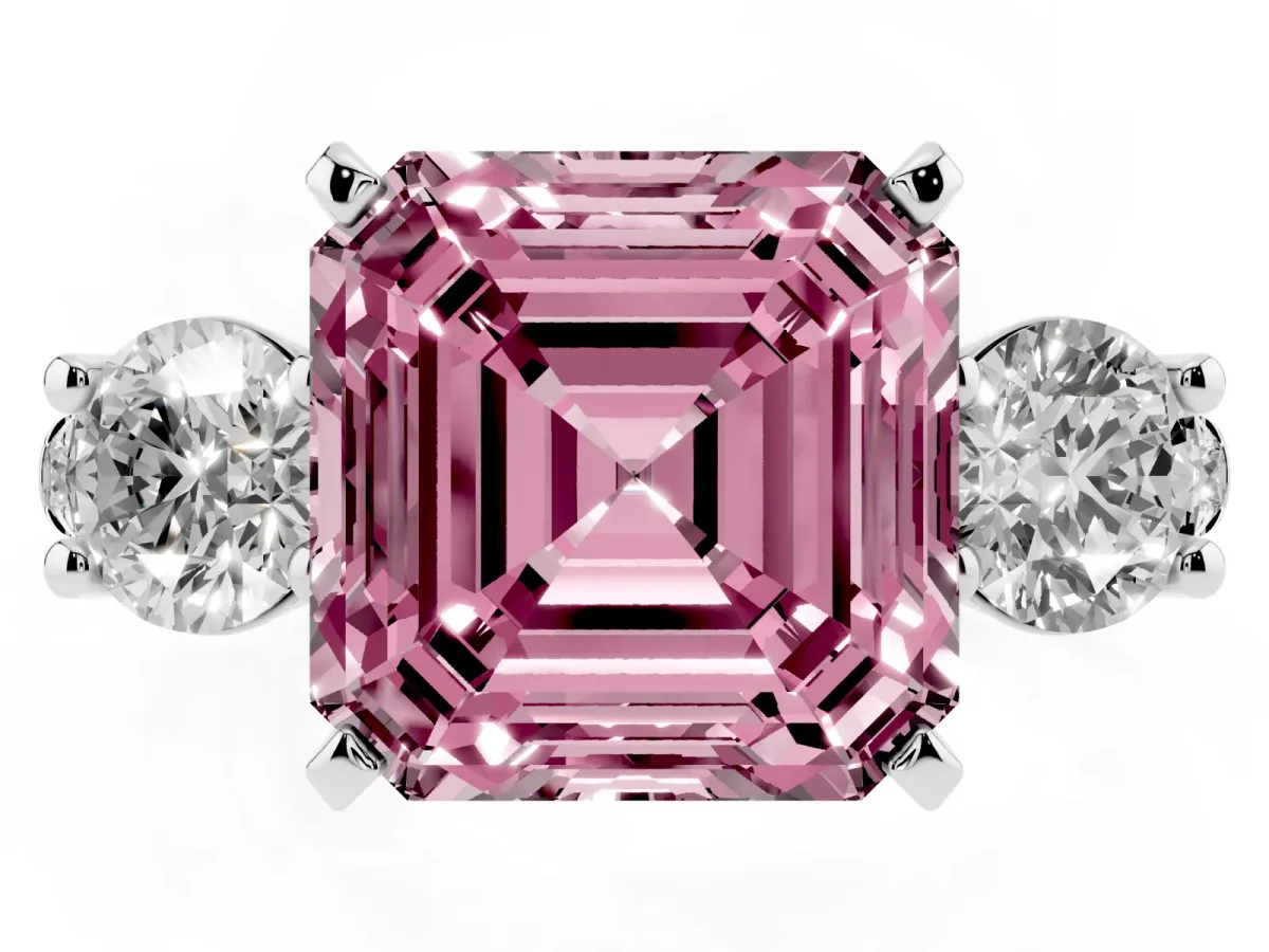 Fancy Pink Three-Stone Asscher Cut Diamond Pavé Band with Four-Prong Setting Platinum