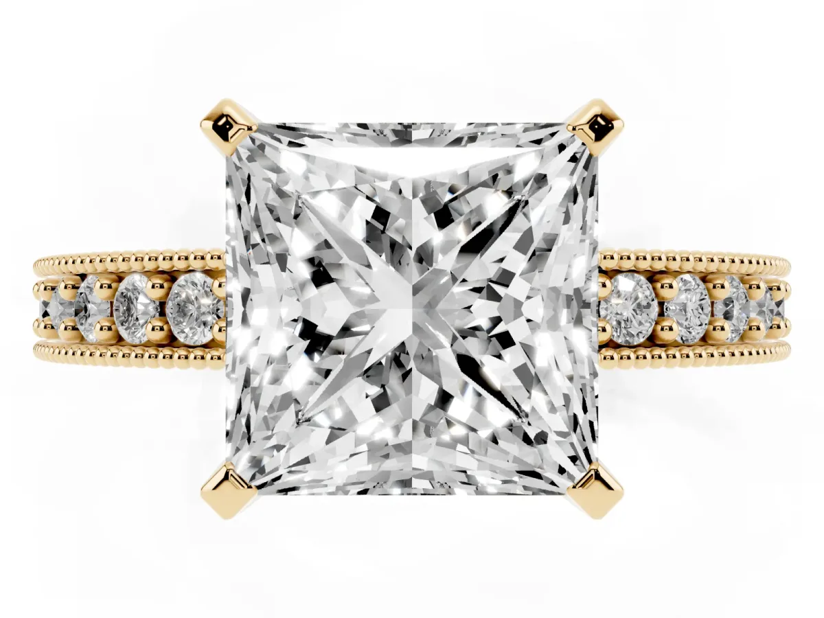 Princess Cut Diamond Milgrain Pavé Engagement Ring with Four-Prong Setting Yellow gold