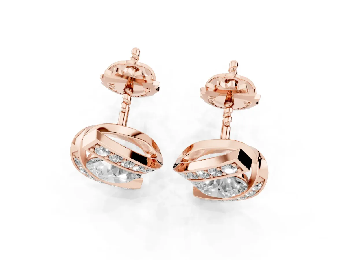 Round Diamond Curve Wave Stud Earrings Rose gold