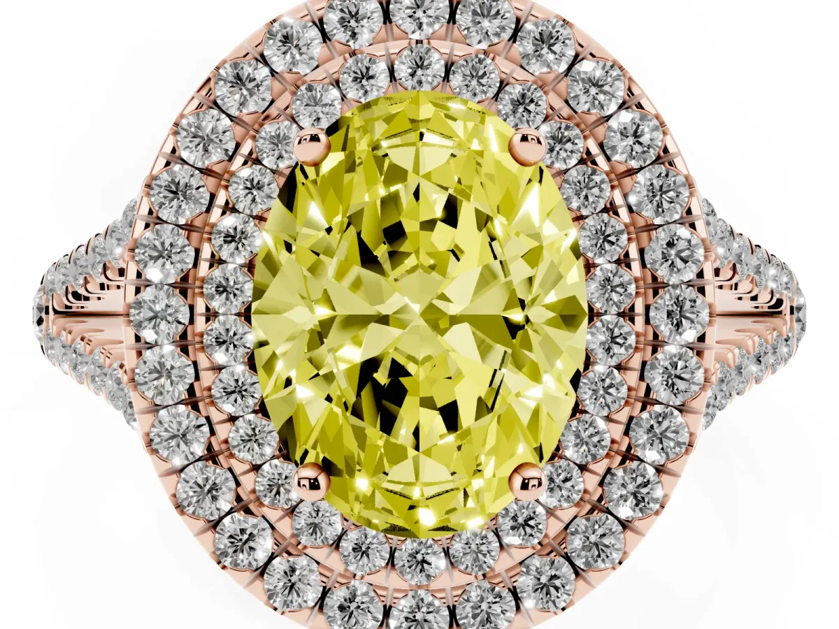 Fancy Yellow Oval Cut Diamond Double Halo Ring with Pavé Band and Prong Setting Rose gold