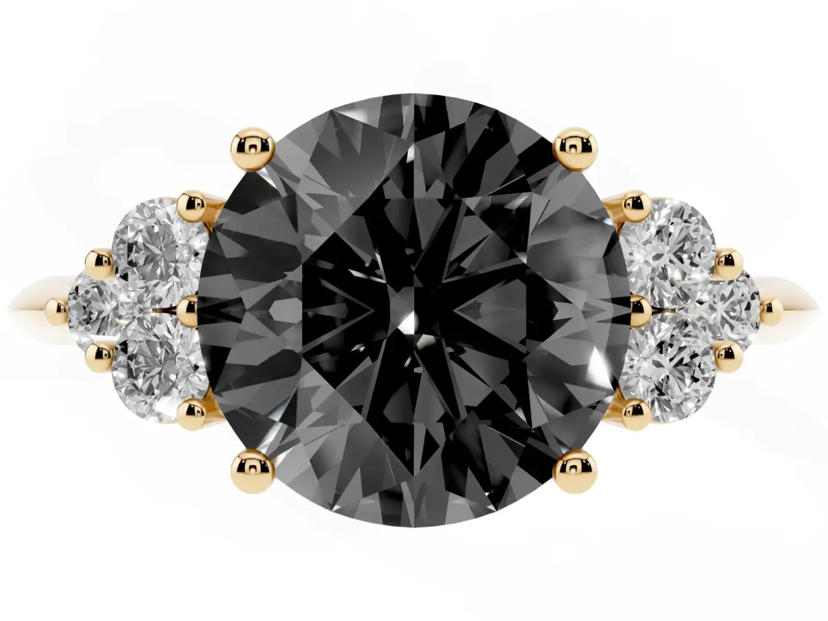 Fancy Black Round Cut Cut Diamond Cluster Ring with Solitaire Band and Four-Prong Setting Yellow gold