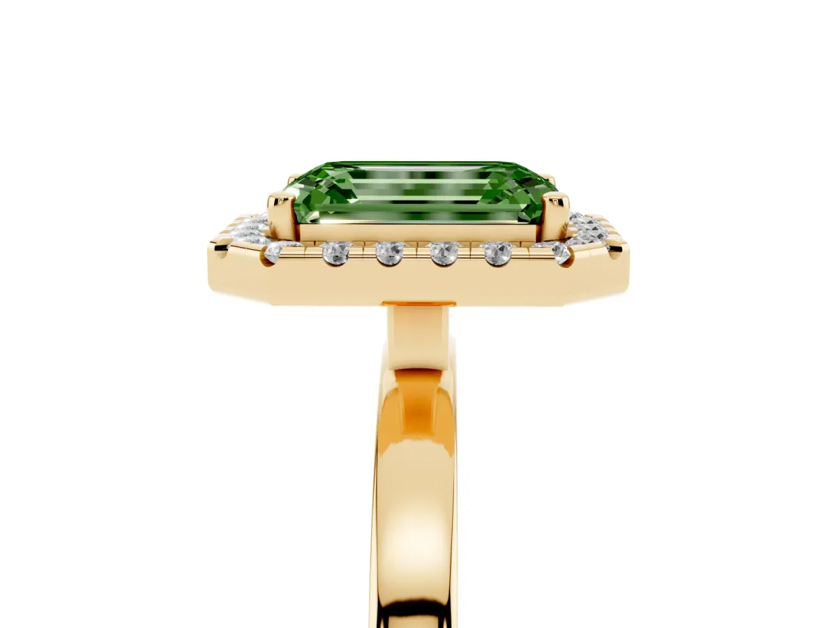 Fancy Green Emerald Cut Halo Diamond Solitaire with Pavé Band and Four-Prong Setting Yellow gold