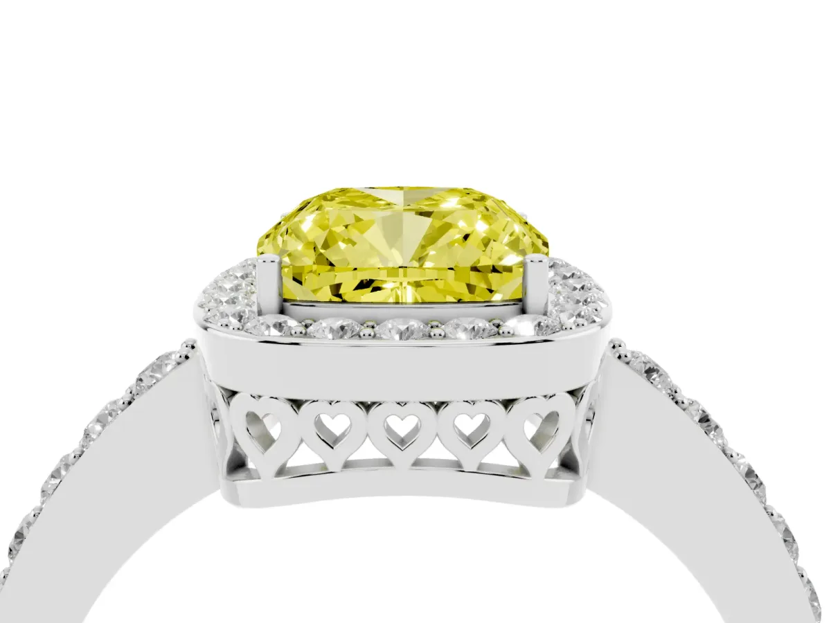 Fancy Yellow Cushion Cut Halo Diamond Pavé Band Ring with Prong Setting Silver