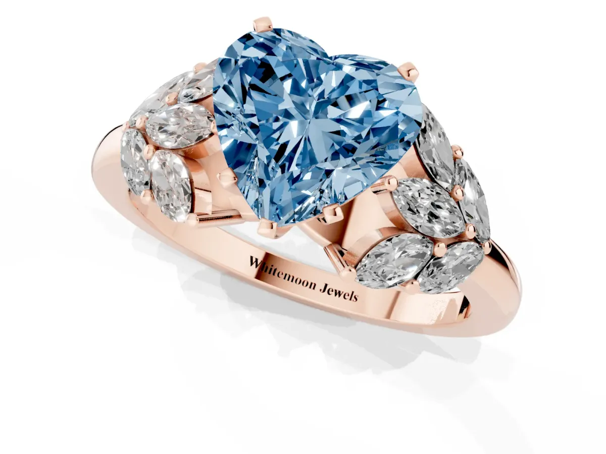Fancy Blue Heart Cut Diamond Cluster Leaf Design Ring with Prong Setting Rose gold