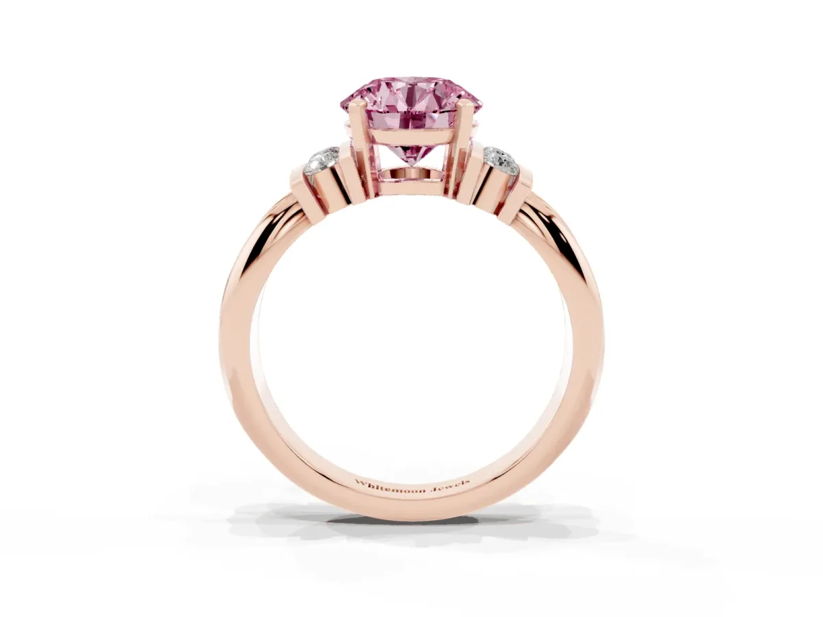 Fancy Pink Round Cut Cut Three-Stone Channel Set Ring with Bar Prongs Rose gold
