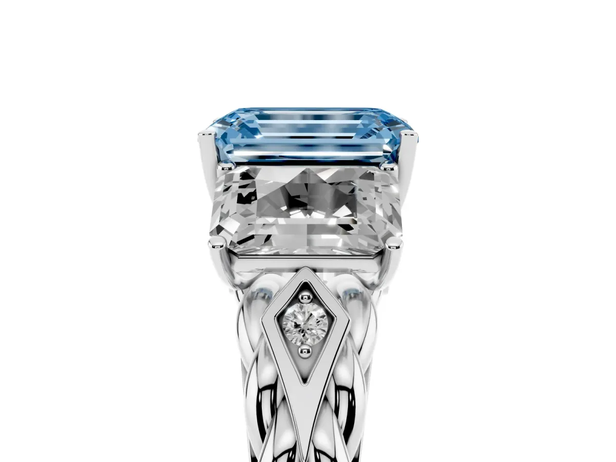 Fancy Blue Three-Stone Emerald Cut Diamond Braided Band Ring with Four-Prong Setting Platinum