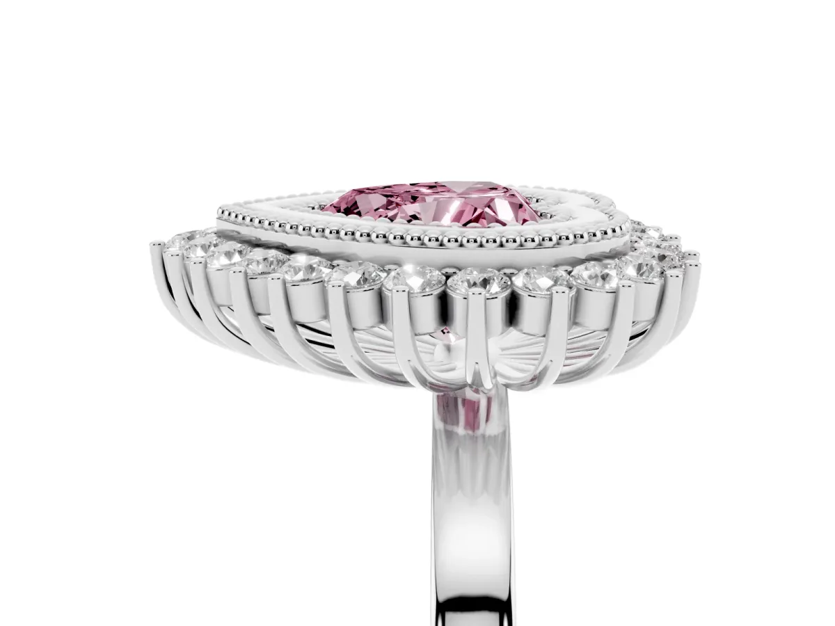 Fancy Pink Heart Cut Halo Diamond Ring with Milgrain Edge and Round Prong Setting Silver