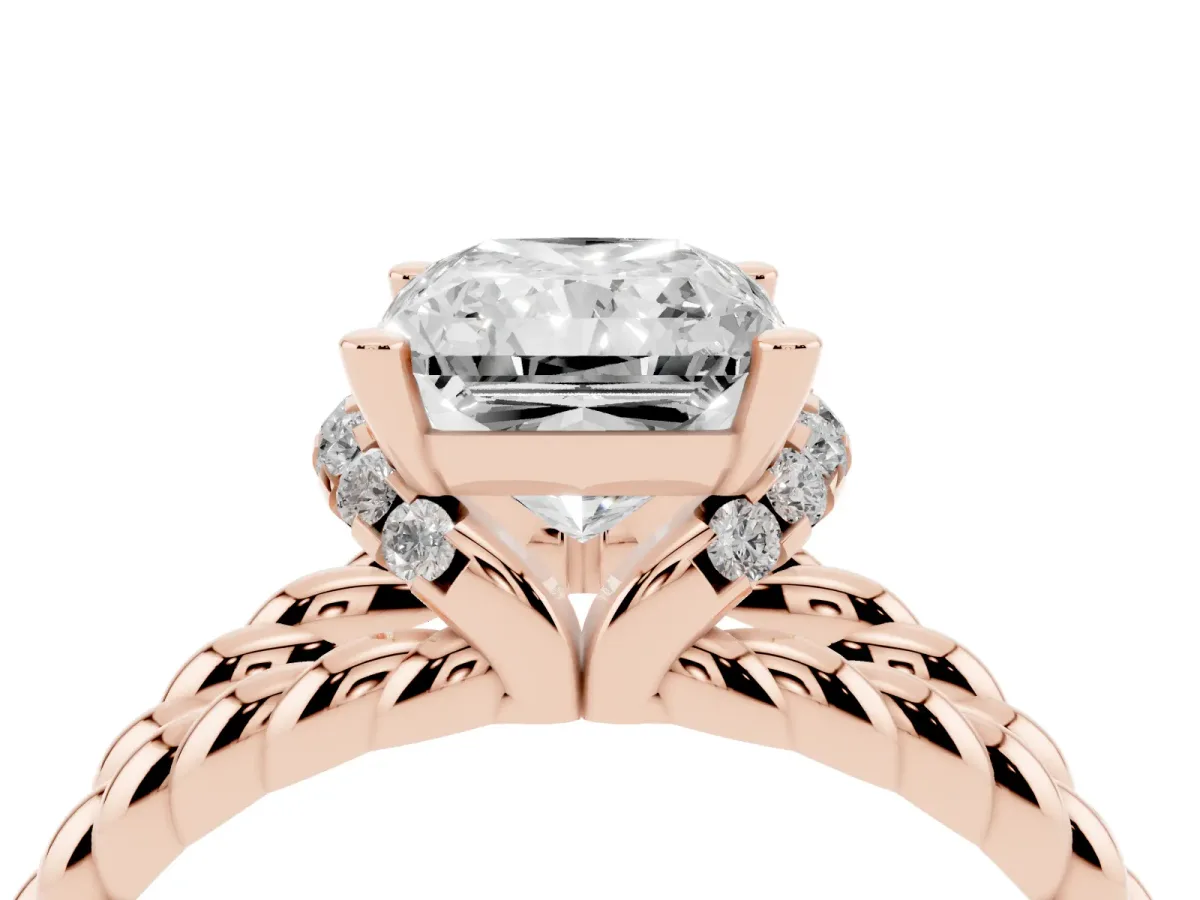 Radiant Cut Halo Twisted Band Four-Prong Ring Rose gold