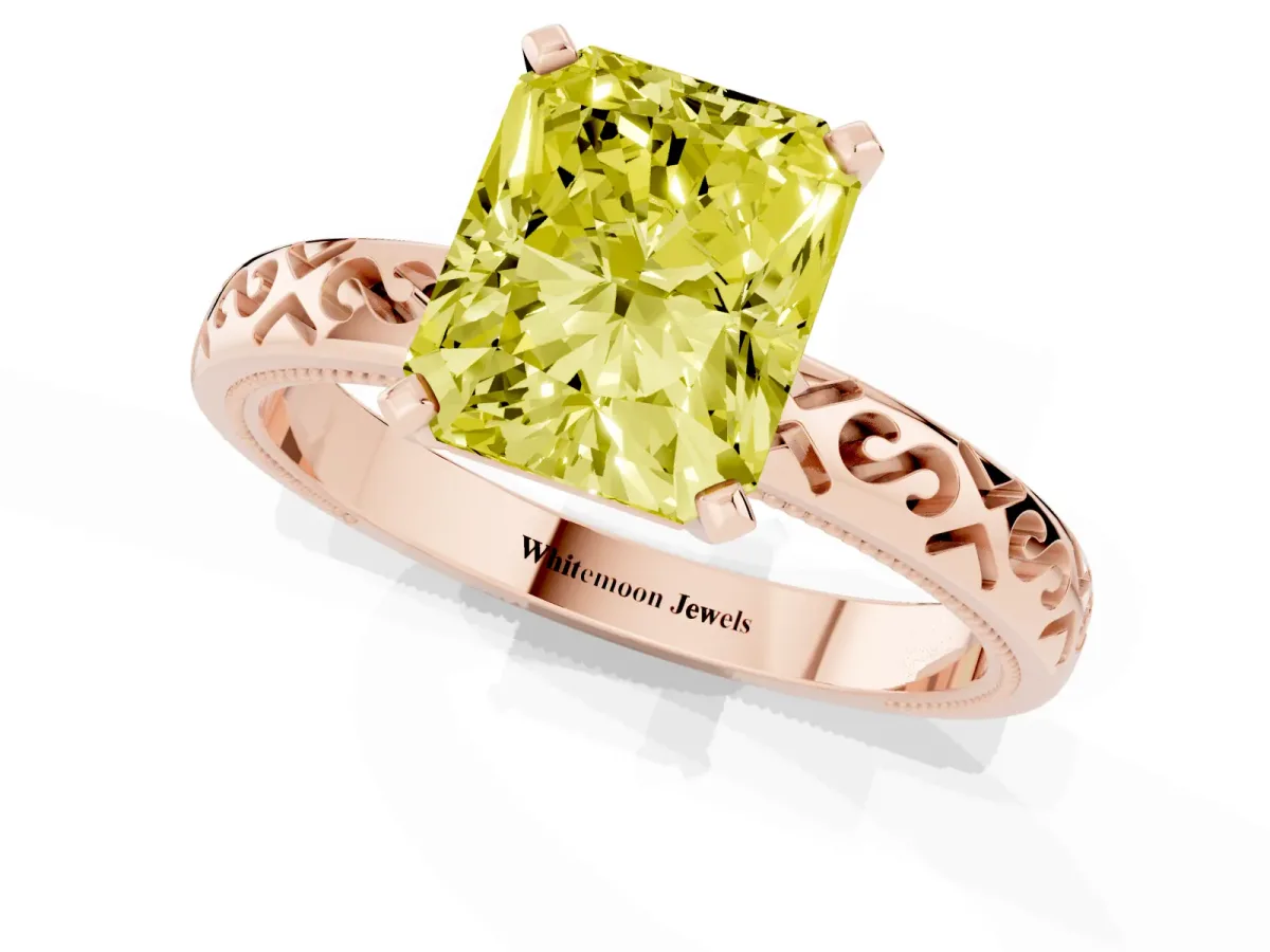 Fancy Yellow Radiant Cut Solitaire Engagement Ring with Scrollwork Band and Four-Prong Setting Rose gold