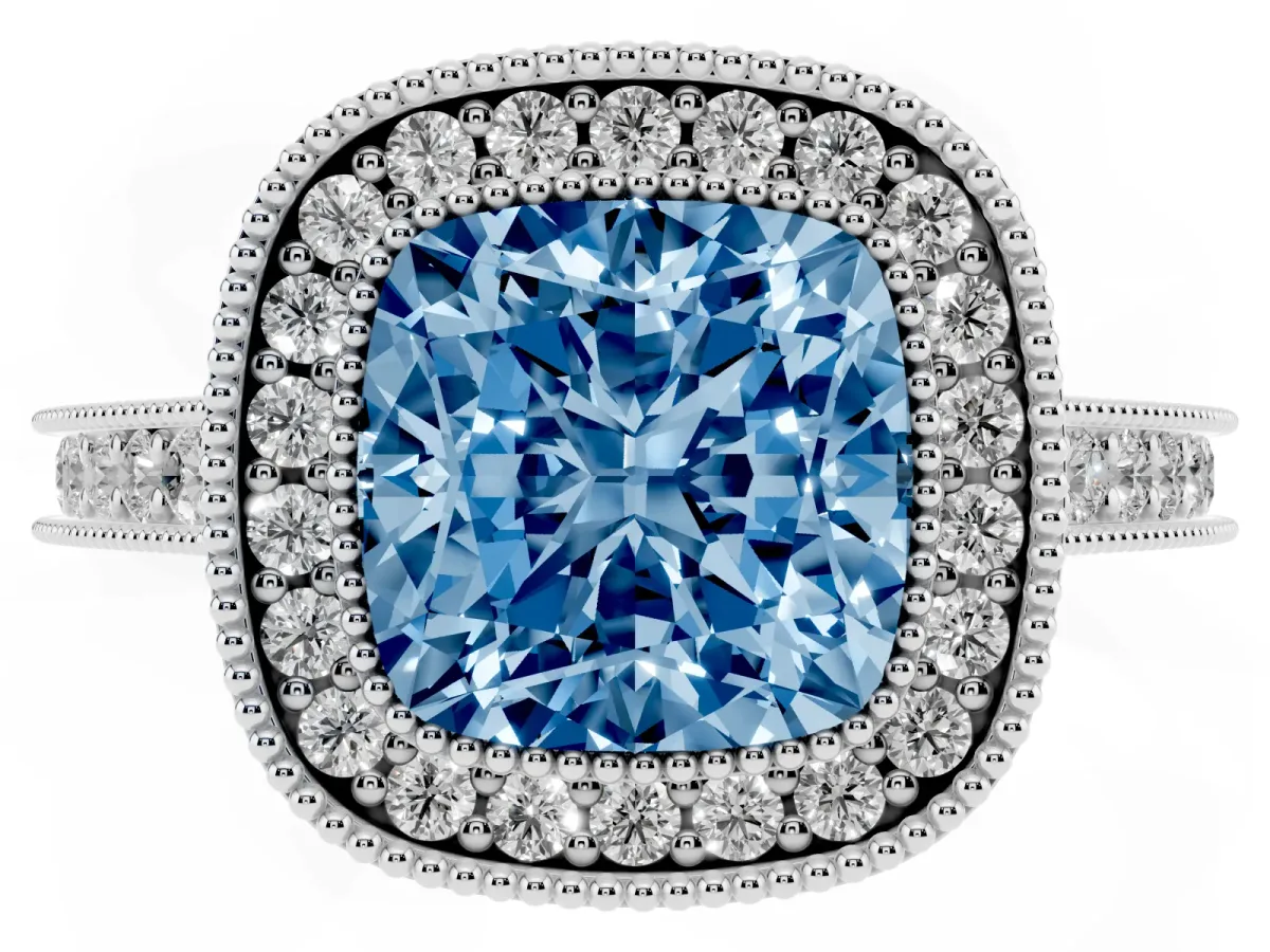 Fancy Blue Halo Cushion Cut-Cut Diamond Pave Band Milgrain Prong Setting Ring Silver