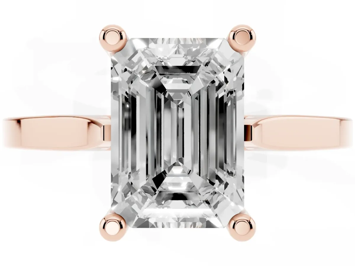 Emerald Cut Solitaire Diamond Ring with Four-Prong Setting and Tapered Band Rose gold