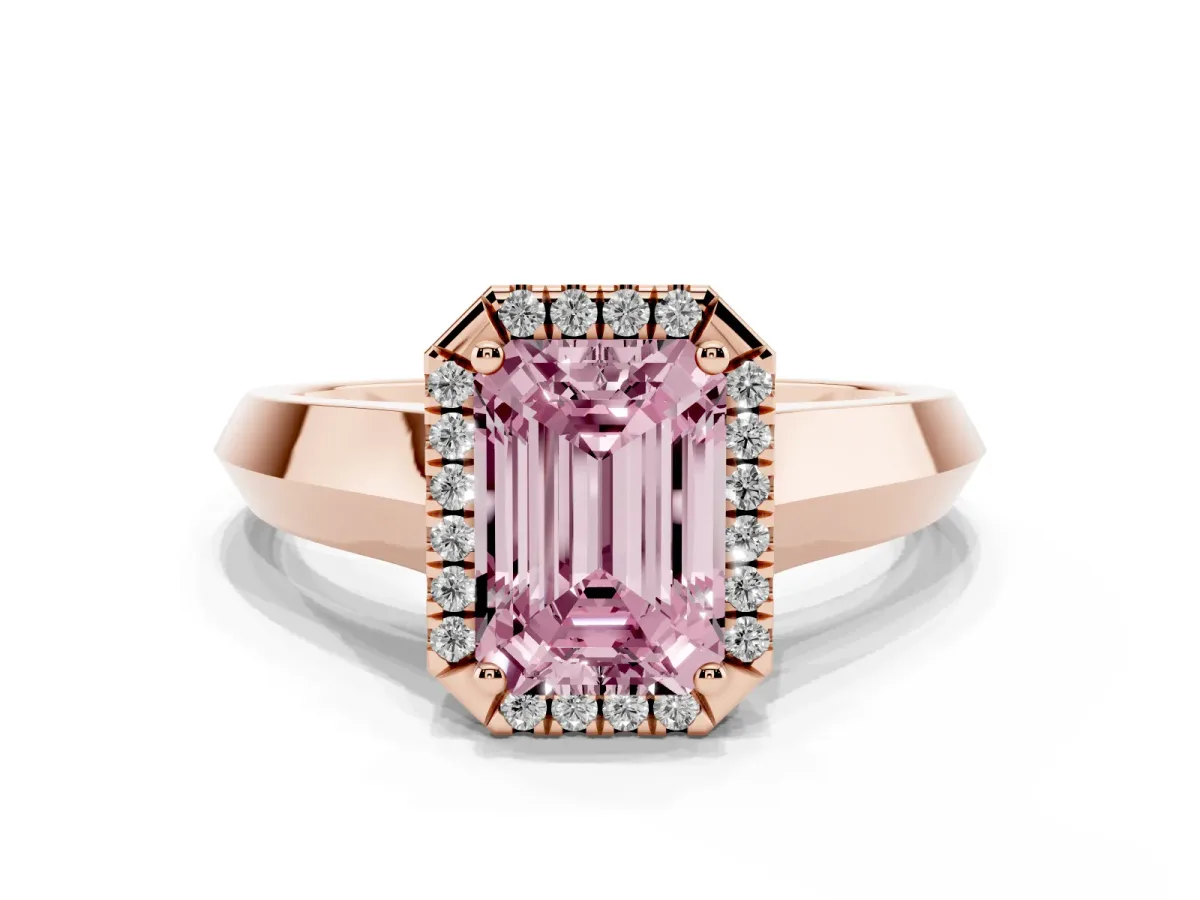 Fancy Pink Emerald Cut Halo Diamond Ring with Cathedral Band and Four-Prong Setting Rose gold