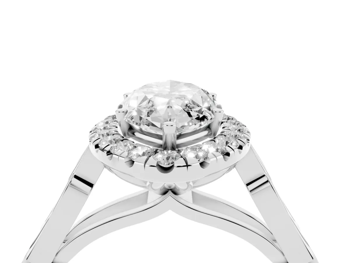 Marquise Cut Halo Diamond Engagement Ring with Filigree Band and Four-Prong Setting White gold