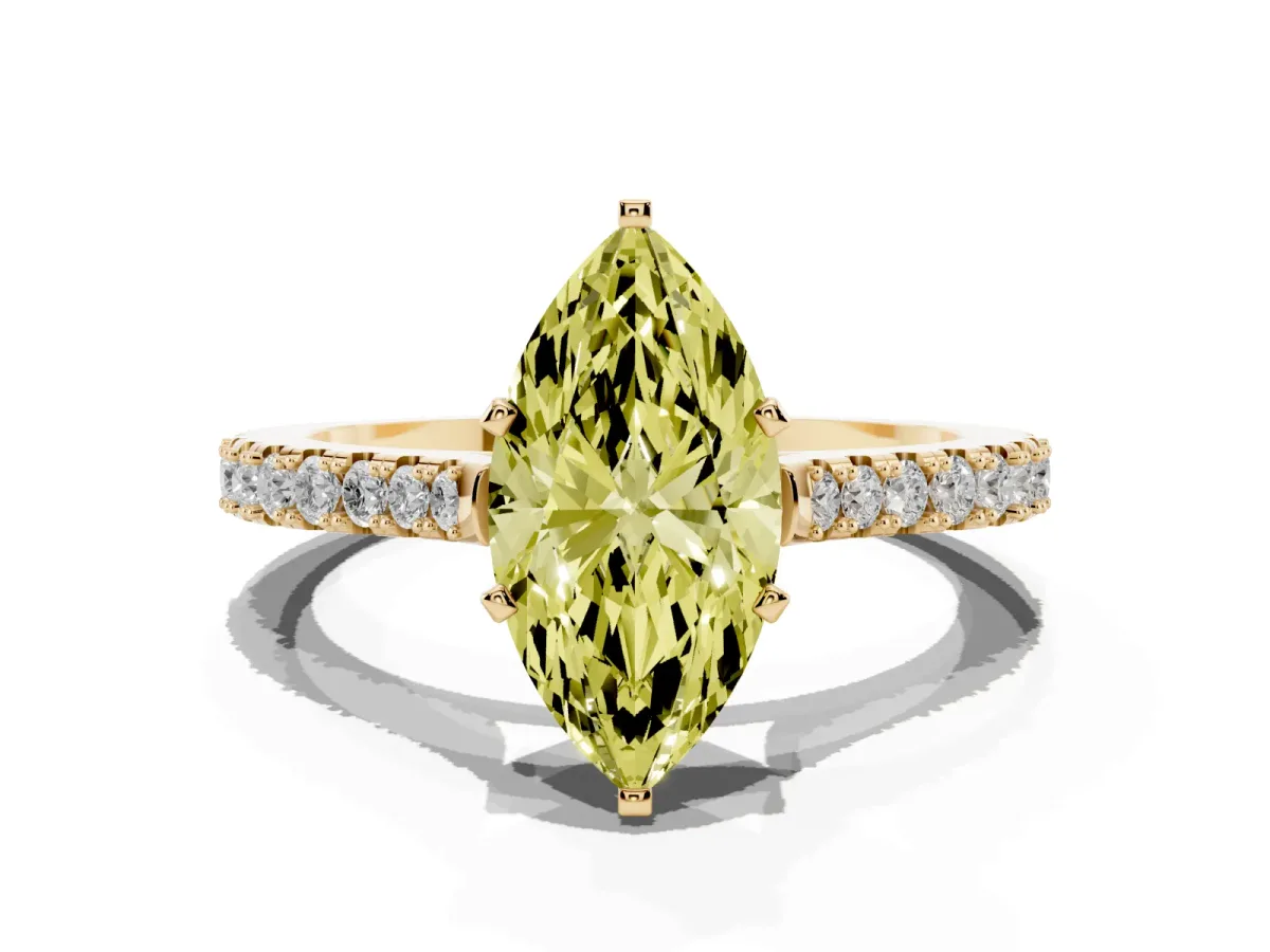 Fancy Yellow Marquise Cut Cut Solitaire Diamond Engagement Ring with Pave Band and Four-Prong Setting Yellow gold