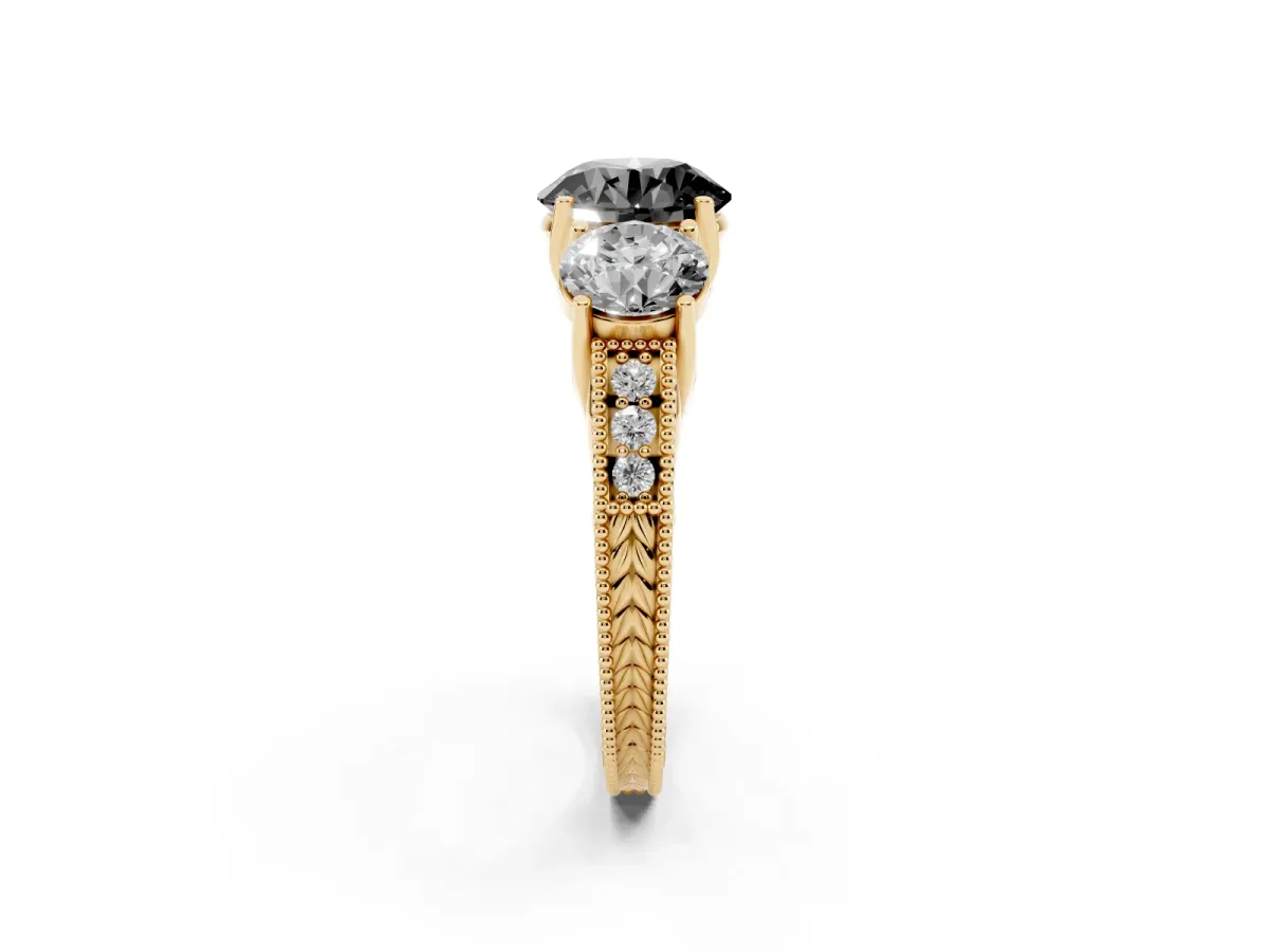 Fancy Black Three-Stone Round Cut Cut Milgrain Pavé Engagement Ring Yellow gold