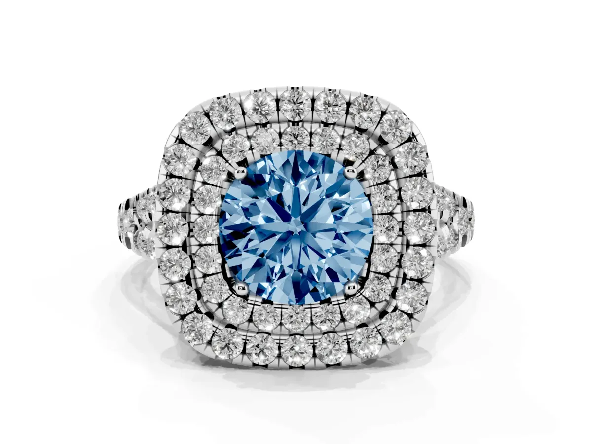 Fancy Blue Double Halo Round Cut Diamond Pavé Split Shank Ring with Prong Setting White gold