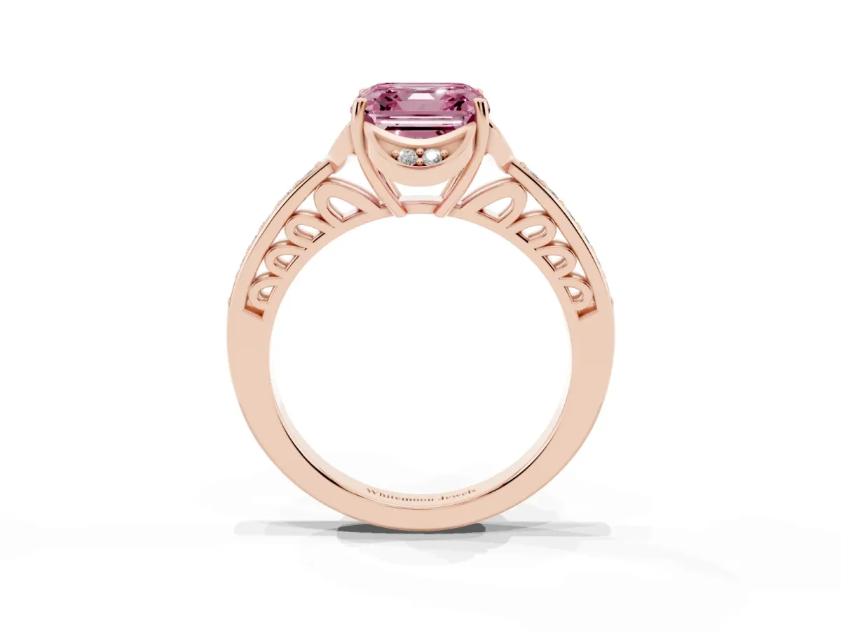 Fancy Pink Asscher Cut Cut Halo Diamond Ring with Channel Set Band and Four-Prong Setting Rose gold