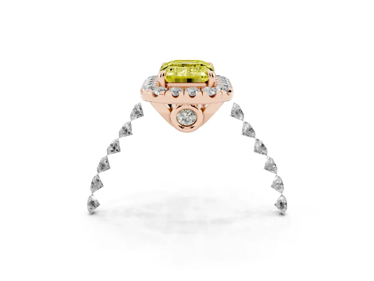 Fancy Yellow Emerald Cut Halo Pavé Diamond Engagement Ring with Four-Prong Setting Rose gold