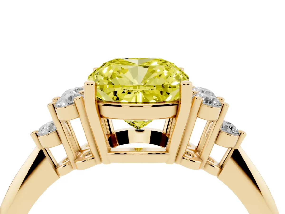 Fancy Yellow Cushion Cut Cut Diamond Cluster Ring with Solitaire Band and Four-Prong Setting Yellow gold