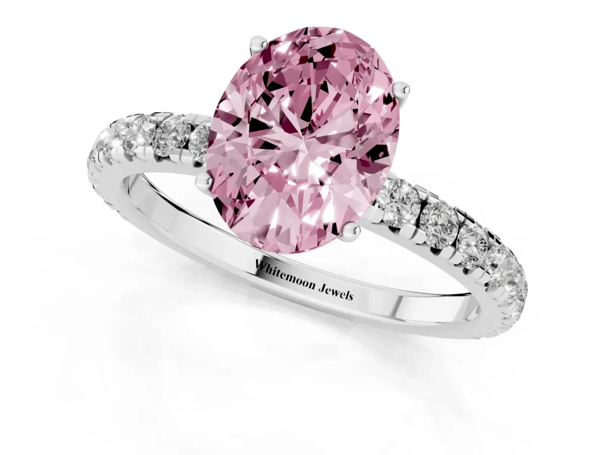 Fancy Pink Oval Cut Diamond Pavé Solitaire Engagement Ring with Four-Prong Setting Platinum