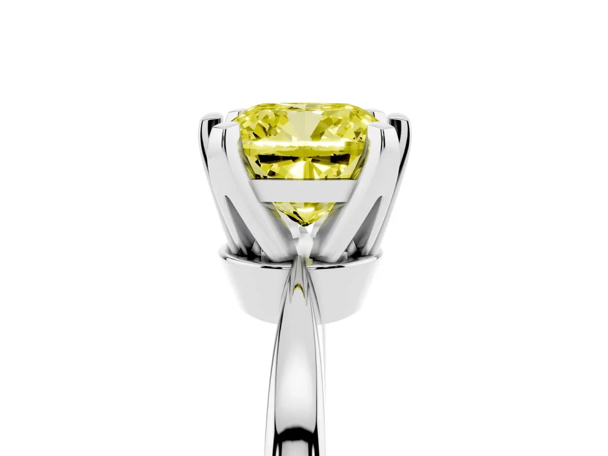 Fancy Yellow Cushion Cut Solitaire Engagement Ring with Six-Prong Setting and Tapered Band Platinum