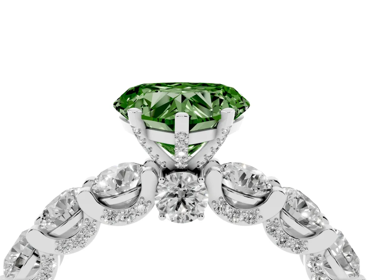 Fancy Green Heart Cut Diamond Side Stone Engagement Ring with Four-Prong Setting Silver