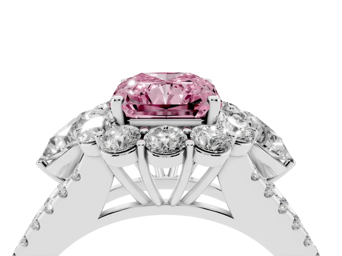 Fancy Pink Radiant Cut Halo Split Shank Diamond Engagement Ring with Prong Setting Silver