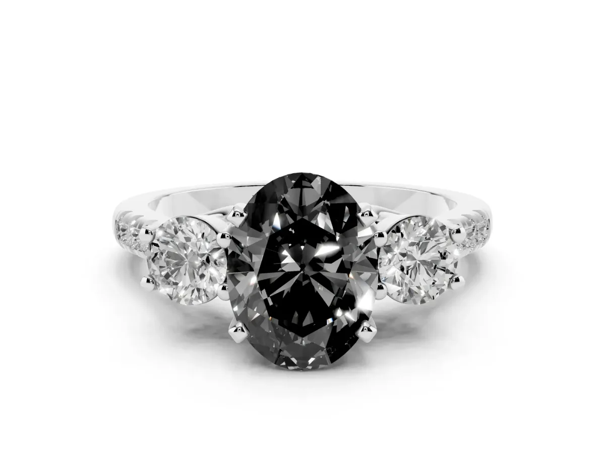 Fancy Black Three-Stone Oval Cut Diamond Pavé Band with Four-Prong Setting Silver
