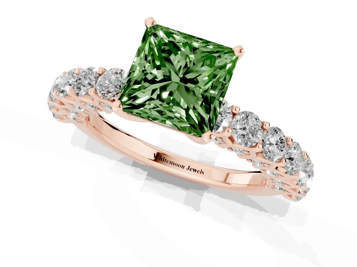 Fancy Green Princess Cut Diamond Solitaire Ring with Shared Prong Pavé Band and Four-Prong Setting Rose gold