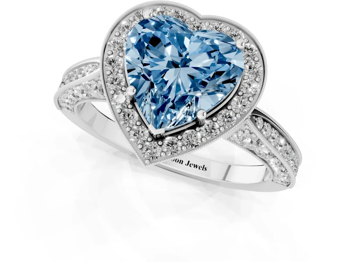 Fancy Blue Heart Cut Halo Diamond Engagement Ring with Split Shank Band and Four-Prong Setting Silver