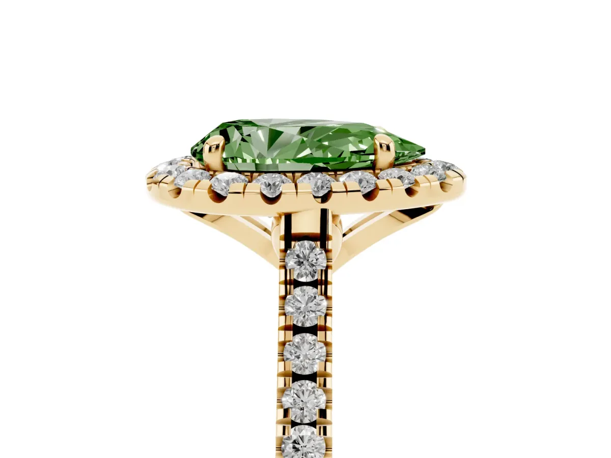 Fancy Green Pear Cut Diamond Cushion Halo Ring with Pavé Band Yellow gold