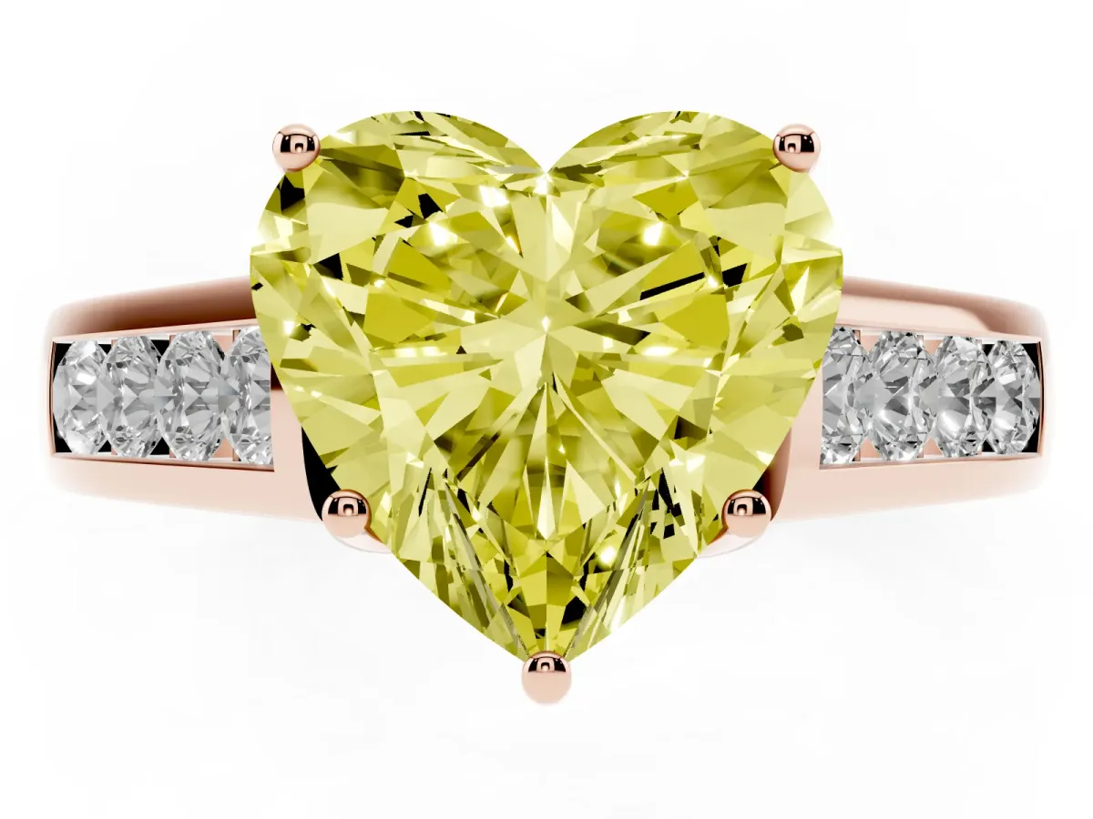 Fancy Yellow Heart Cut Brilliant Channel-Set Solitaire Ring with Four-Prong Setting Rose gold