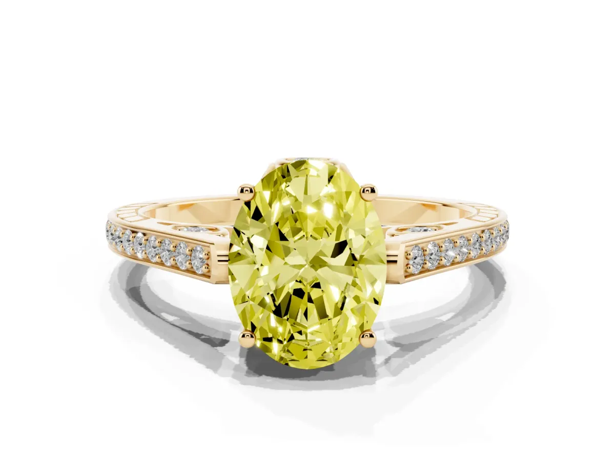 Fancy Yellow Oval Cut Cut Cathedral Pave Diamond Engagement Ring with Six-Prong Setting Yellow gold