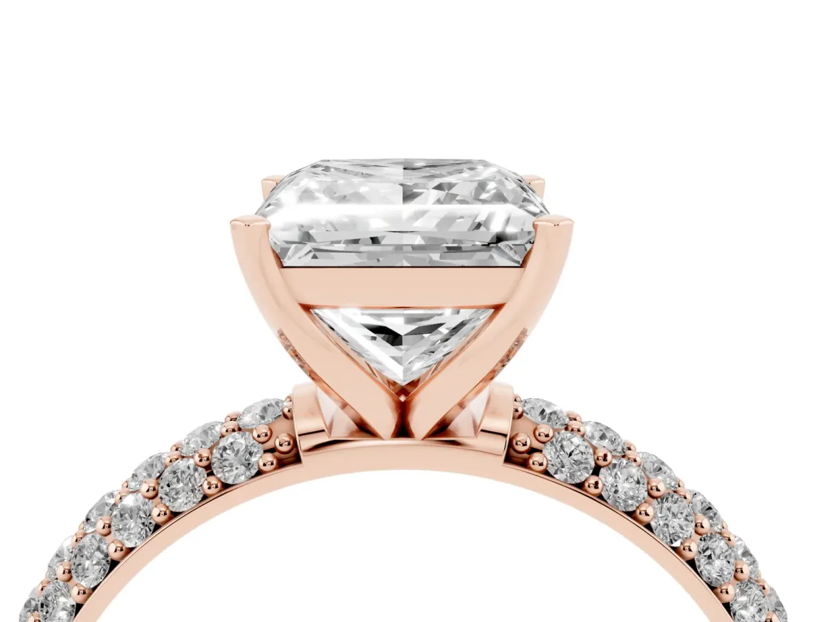 Princess Cut Diamond Solitaire Ring with Prong Setting and Pavé Band Rose gold