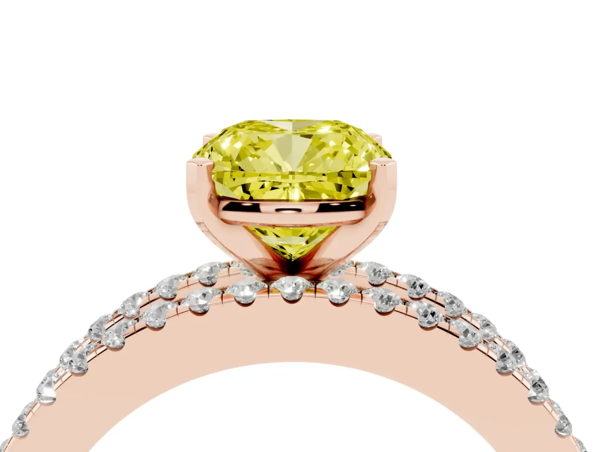 Fancy Yellow Cushion Cut Diamond Solitaire Ring with Pavé and Channel Set Band Rose gold