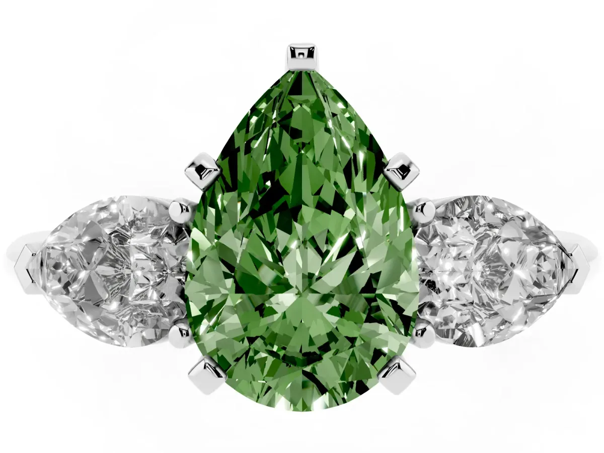 Fancy Green Three-Stone Pear Cut Diamond Ring with Pear Side Stones and Four-Prong Setting Platinum