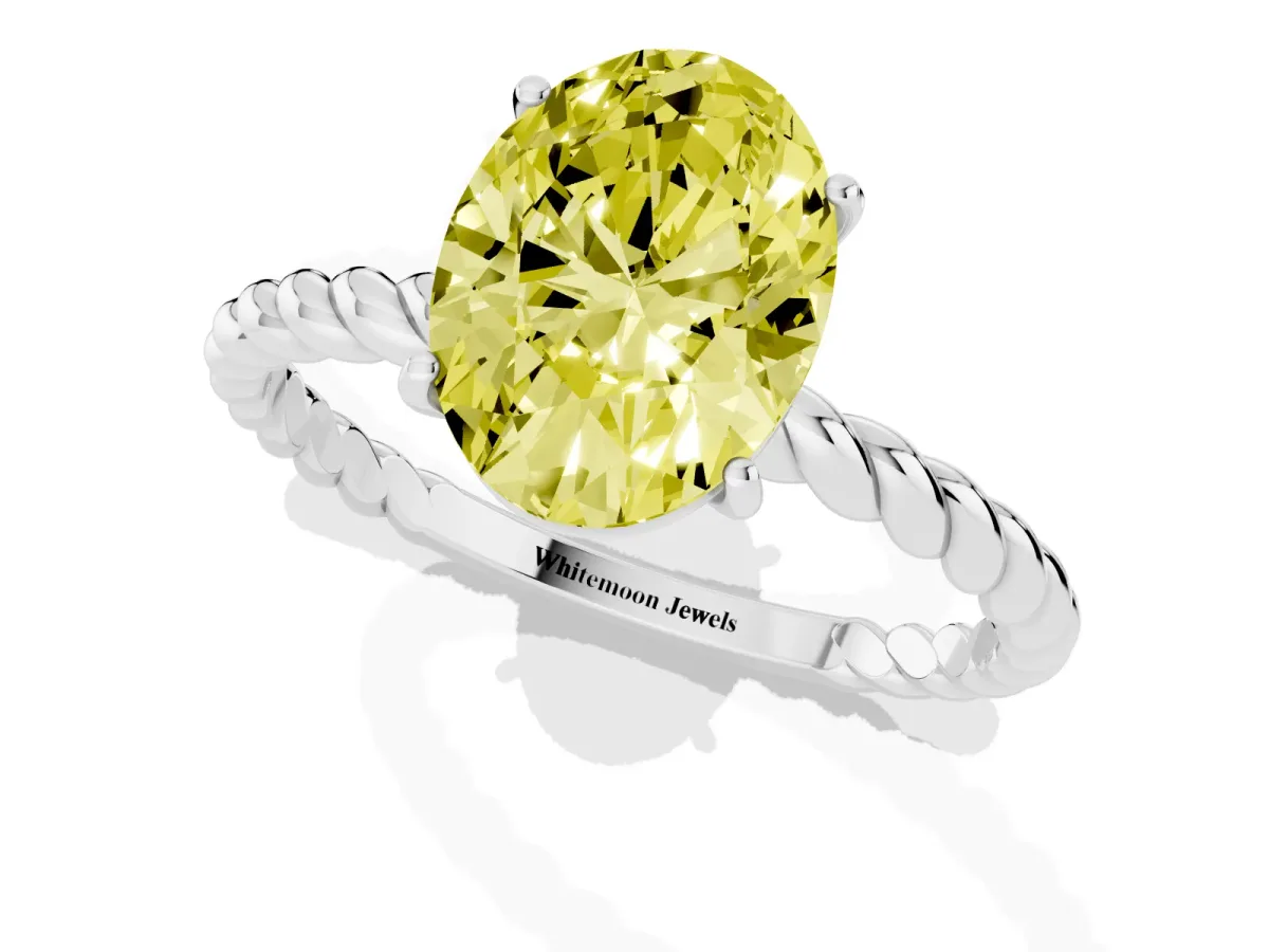 Fancy Yellow Oval Cut Solitaire Twisted Band 4-Prong Ring Platinum