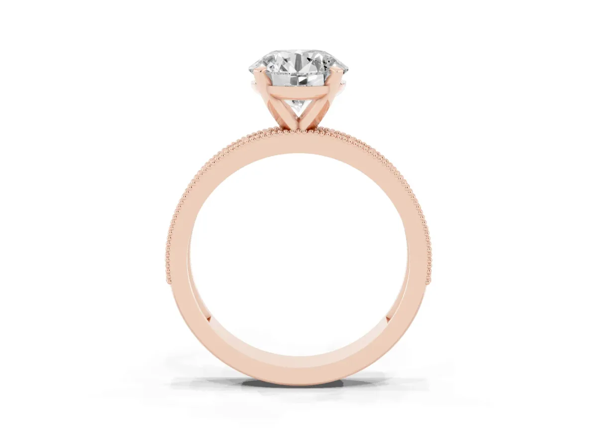 Round Cut Diamond Milgrain Pavé Engagement Ring with Four-Prong Setting Rose gold