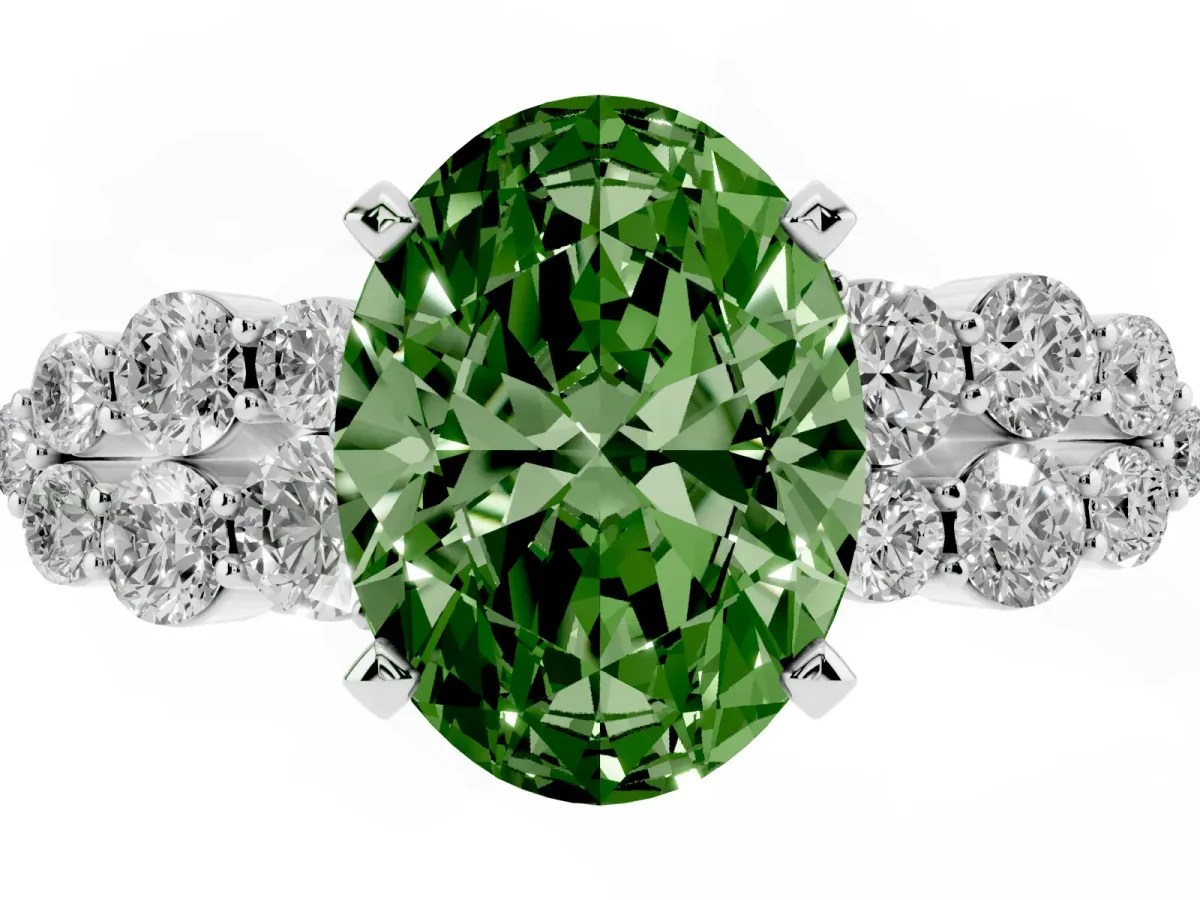 Fancy Green Oval Cut Cluster Diamond Engagement Ring with Pavé Band and Four-Prong Setting Platinum
