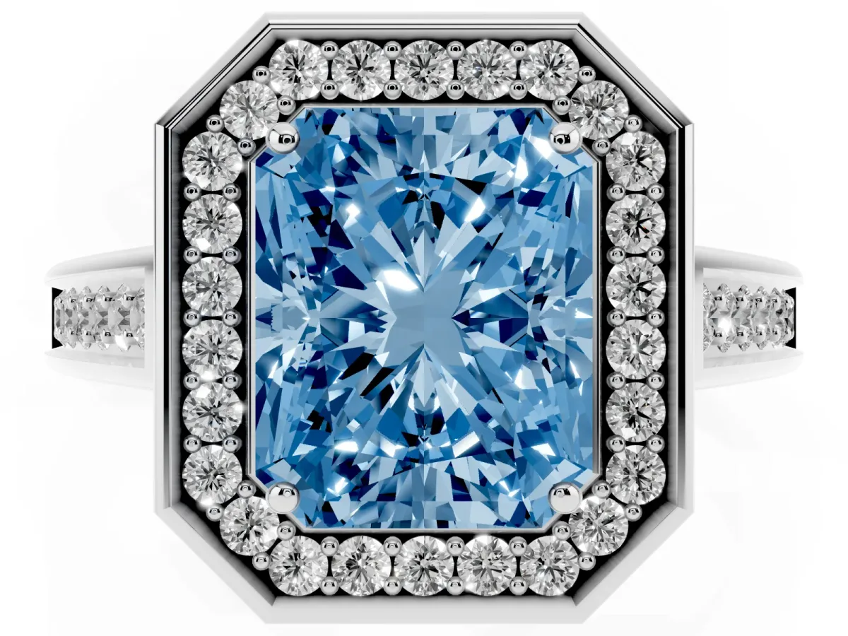 Fancy Blue Radiant Cut Halo Solitaire Diamond Ring with Pave Band and Bezel Setting White gold
