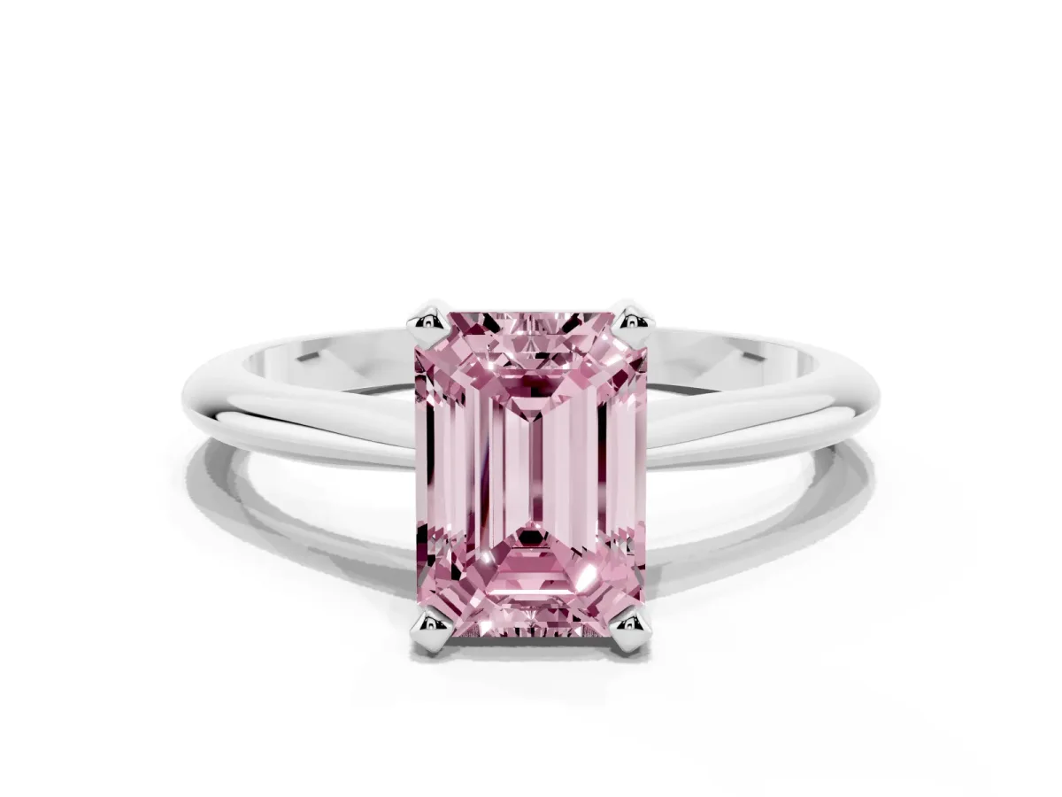 Fancy Pink Emerald Cut Cut Solitaire Ring with Four-Prong Setting on a Classic Band Platinum