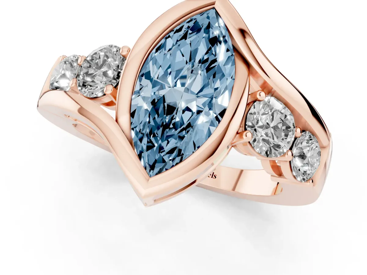 Fancy Blue Bezel Set Marquise Cut Diamond Bypass Ring with Round Accents Rose gold