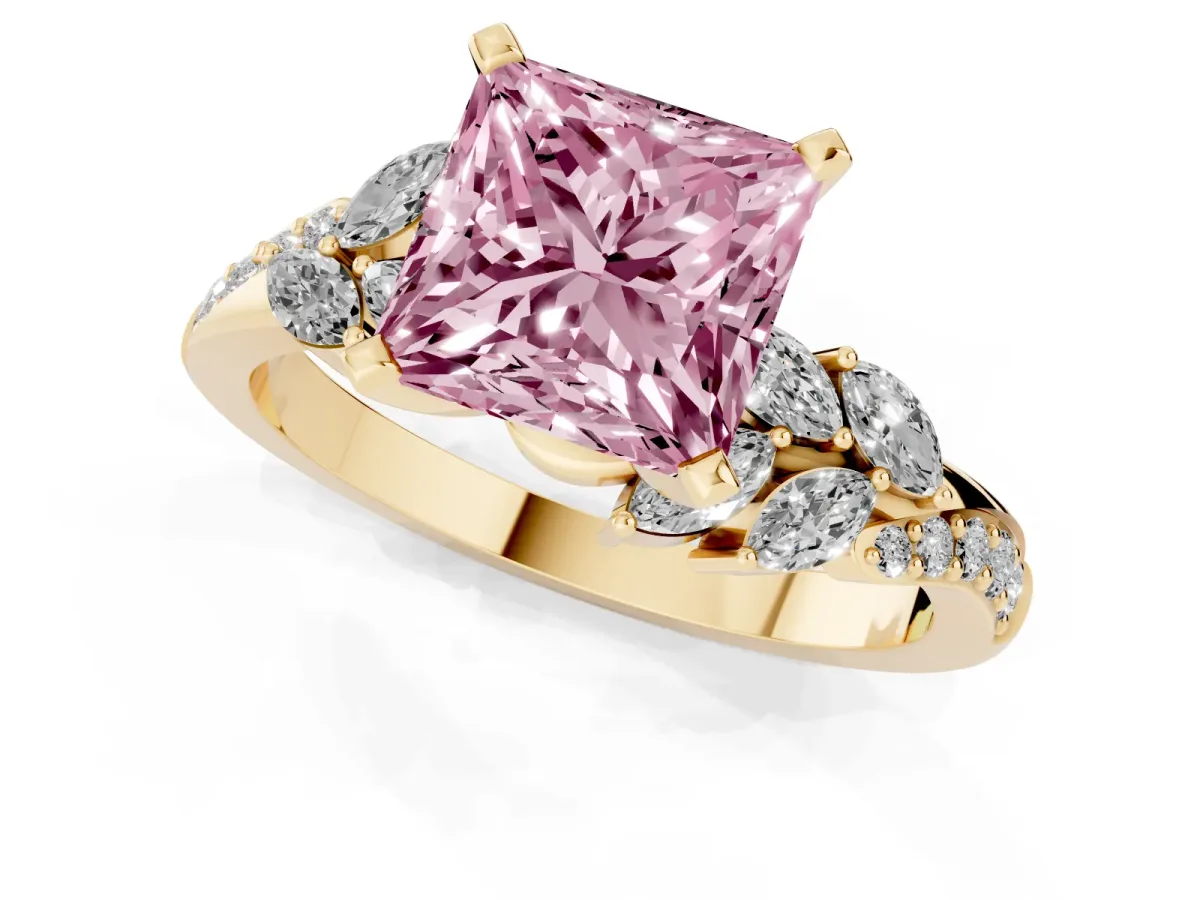 Fancy Pink Princess Cut Solitaire Marquise Twist Band with Six-Prong Setting Yellow gold