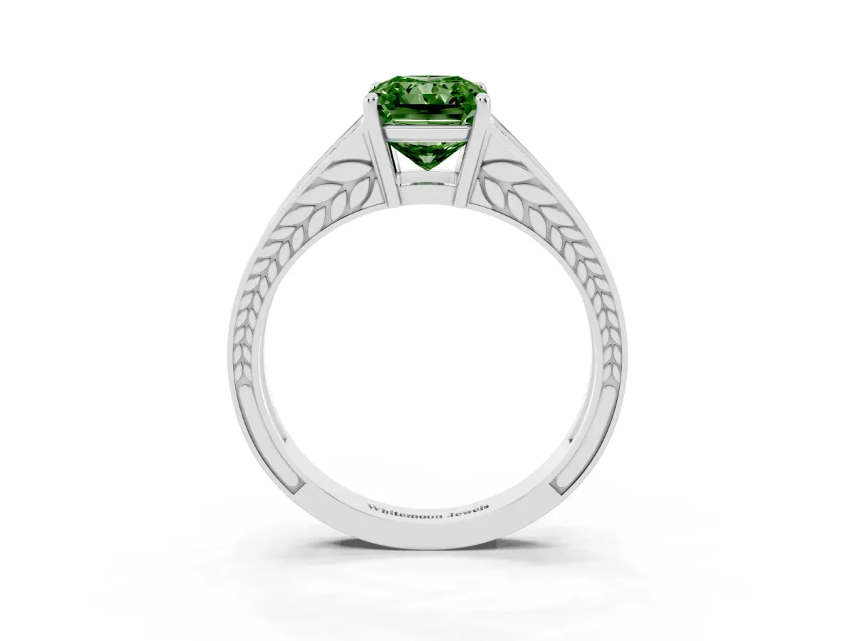 Fancy Green Radiant Cut Diamond Split Shank Ring with Pavé Band and Four-Prong Setting Platinum