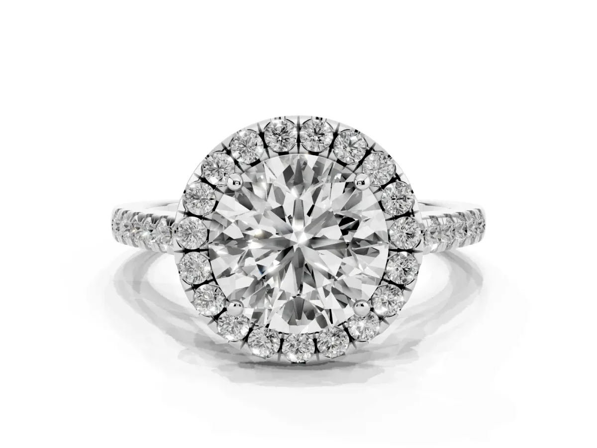 Round Cut Halo Pave Diamond Engagement Ring with Four-Prong Setting Silver